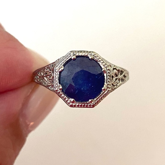 Vintage 3 Carat Sapphire Ring, 14k White Gold Filigree, Sz 6 EUC - Picture 7 of 13